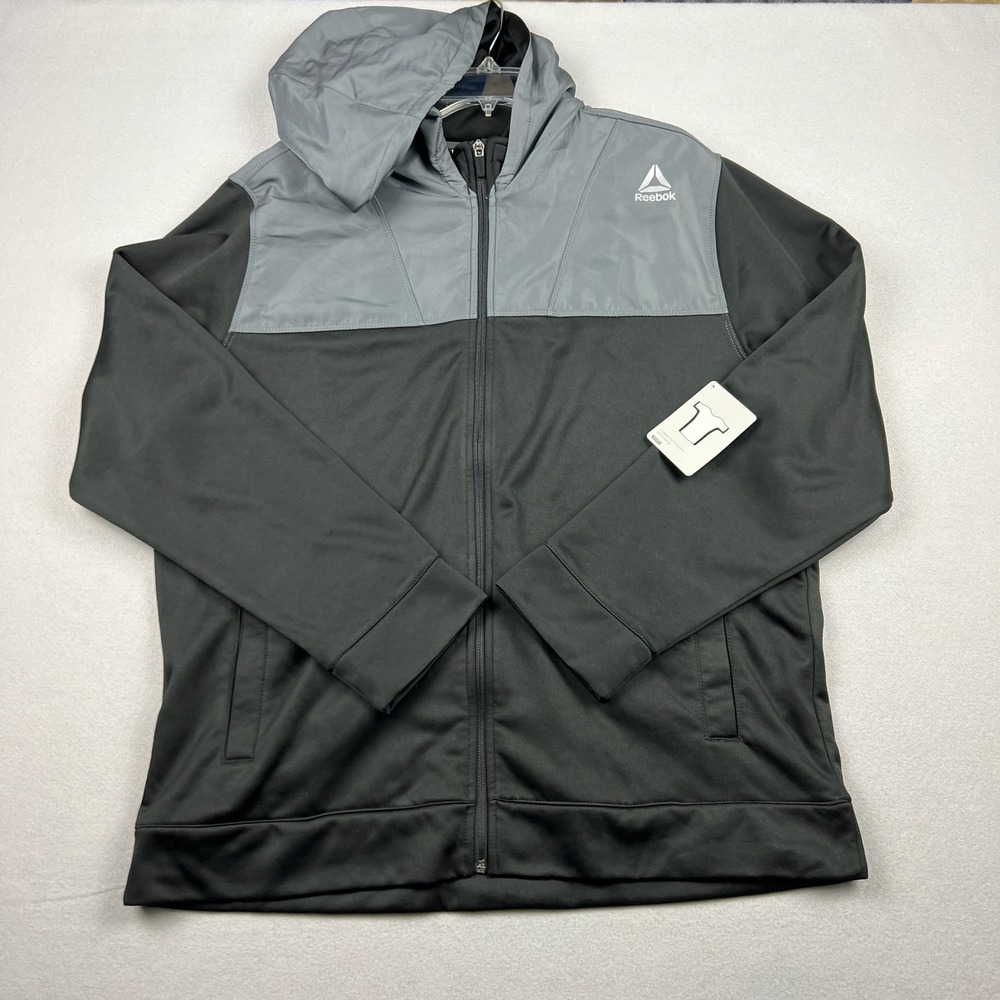 Reebok Mens XL Full Zip Colorblock Grey‎ Black Fleece Lined Performance Hoodie